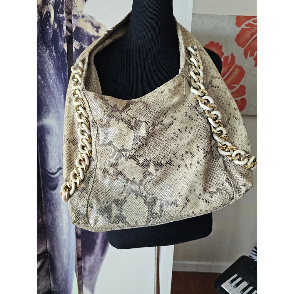 Michael Kors Snakeskin Embossed Leather Hobo Bag Gold Chain Link Beige Brown